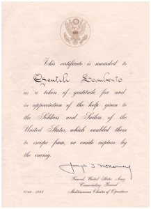 Certificato di Benemerenza”  rilasciato il 20 febbraio 1947  a Lamberto  Gentili dall’Allied Screening Commission. Collezione Diana Gentili. 
