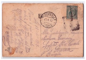 Cartolina con il fronte delle operazioni belliche indirizzata "Alla Gentilissima Signorina Nicolina Cruciani Spoleto Per Casali di Seravale Perugia - Lì 18 - 4 - 1917 Ricevi i più cordiali saluti e affettuosi dal tuo per sempre Erigo Fraschetti e pure rispetti alla tua famiglia l riccardo"